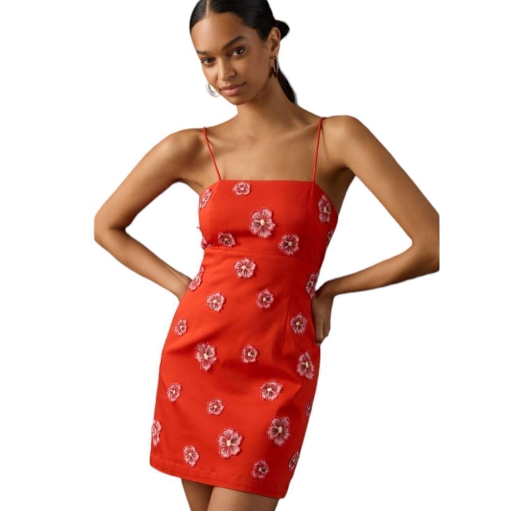 Anthropologie Red Spaghetti-Strap 3D‎ Floral Petals Bodycon Dress sz 10 NWT - Picture 2 of 10